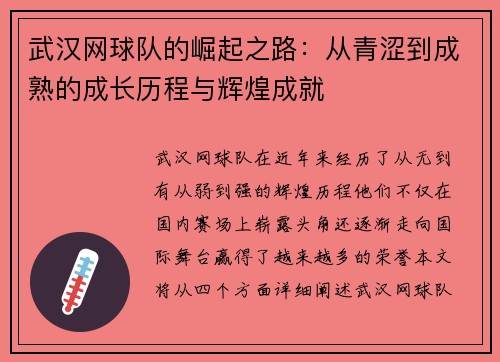 武汉网球队的崛起之路：从青涩到成熟的成长历程与辉煌成就